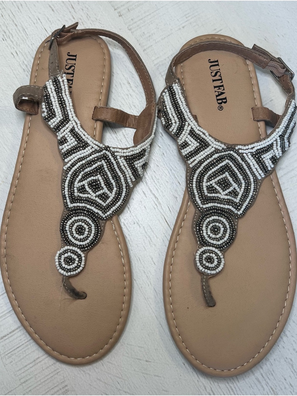 JustFab Tan Sandals with Black and White Beaded T-Strap